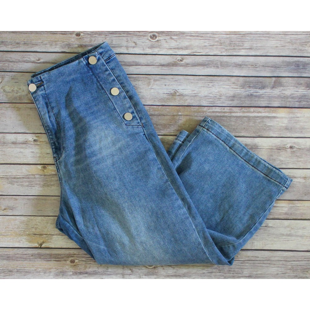 OAT New York Jeans Womens 31 x 23 Blue Wide Leg Crop Sailor Buttons High Rise